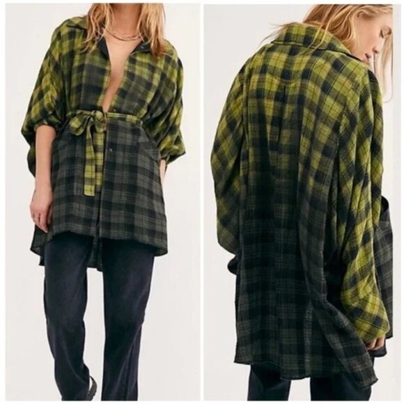 We The Free Green Plaid Wool Blend You Wish Flannel Shirt Tunic Size Extra Small - Picture 1 of 13